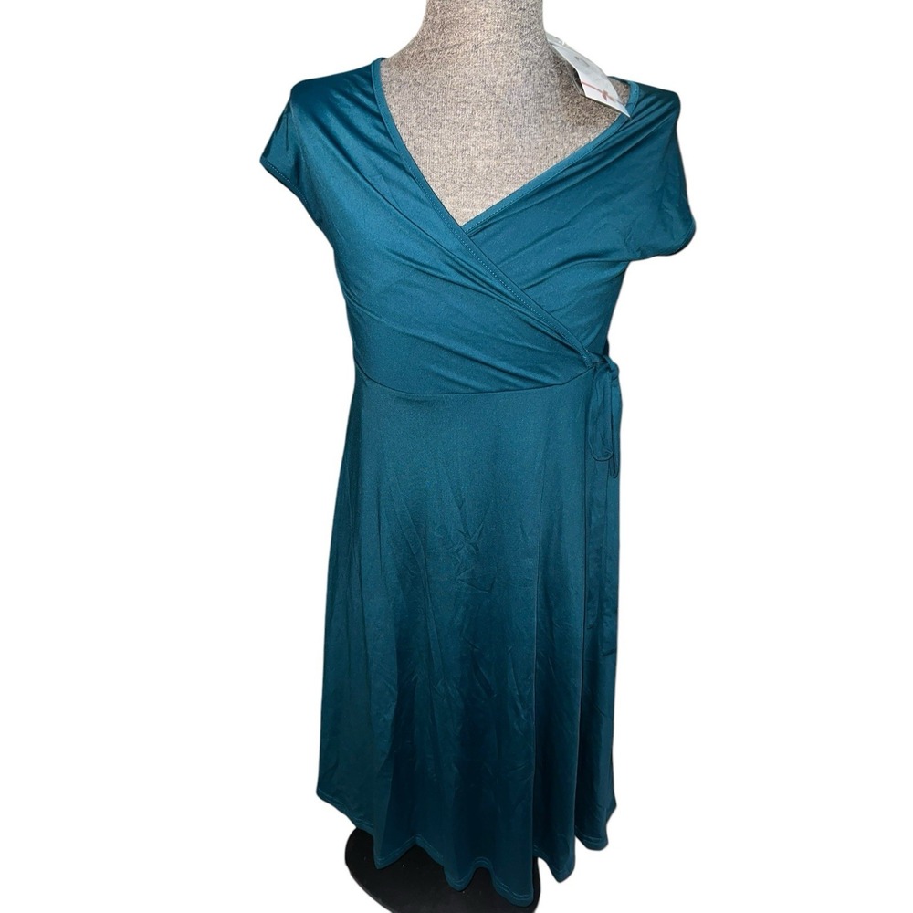 NWT CHARMYI Women Small Teal V-Neck Wrap Tie Fit Flare Sleeveless Elegant Dress